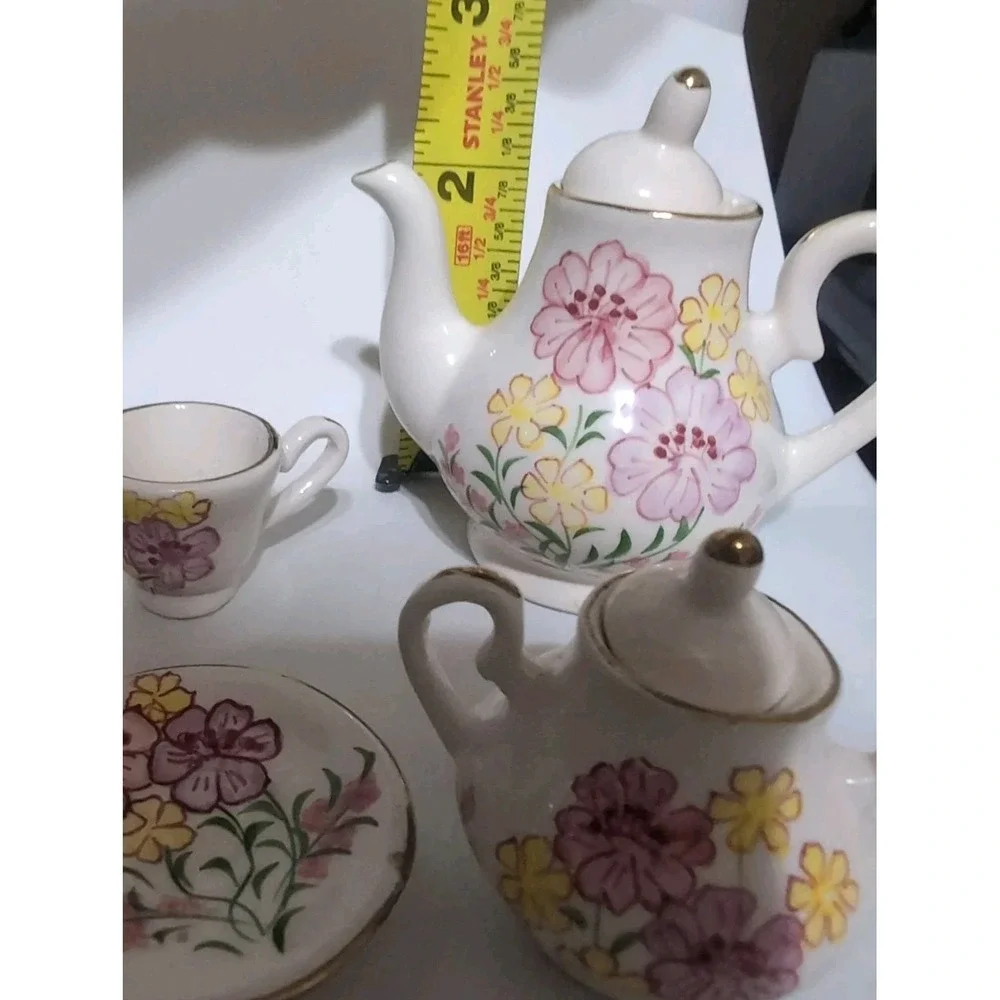 Dollhouse Set Of Miniature Ceramic Plates, Teapot, Cups, & Cream Vintage Flowers
